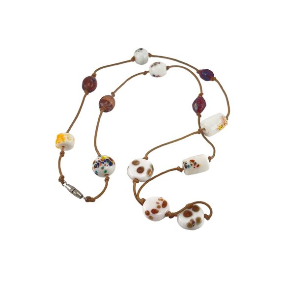 Handcrafted Murano Glass Beaded Necklace With Decorative Glass Beads Cotton Cord - Picture 2 of 6